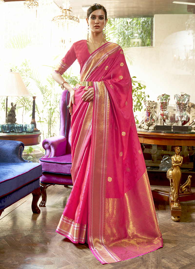 Rani Pink Colour Wedding Saree in Satin,Georgette Fabric.