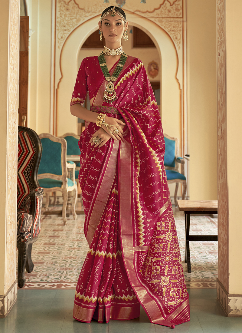 Satin Silk Stone Saree in Hot Pink