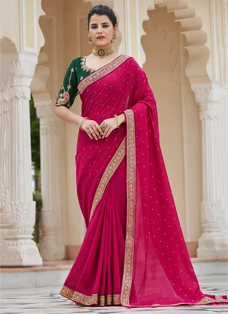 Buy Dark Pink Colour, Hand Embroidered Work Lucknowi Chikankari Saree (With  Blouse - Georgette) SS251067 | www.maanacreation.com