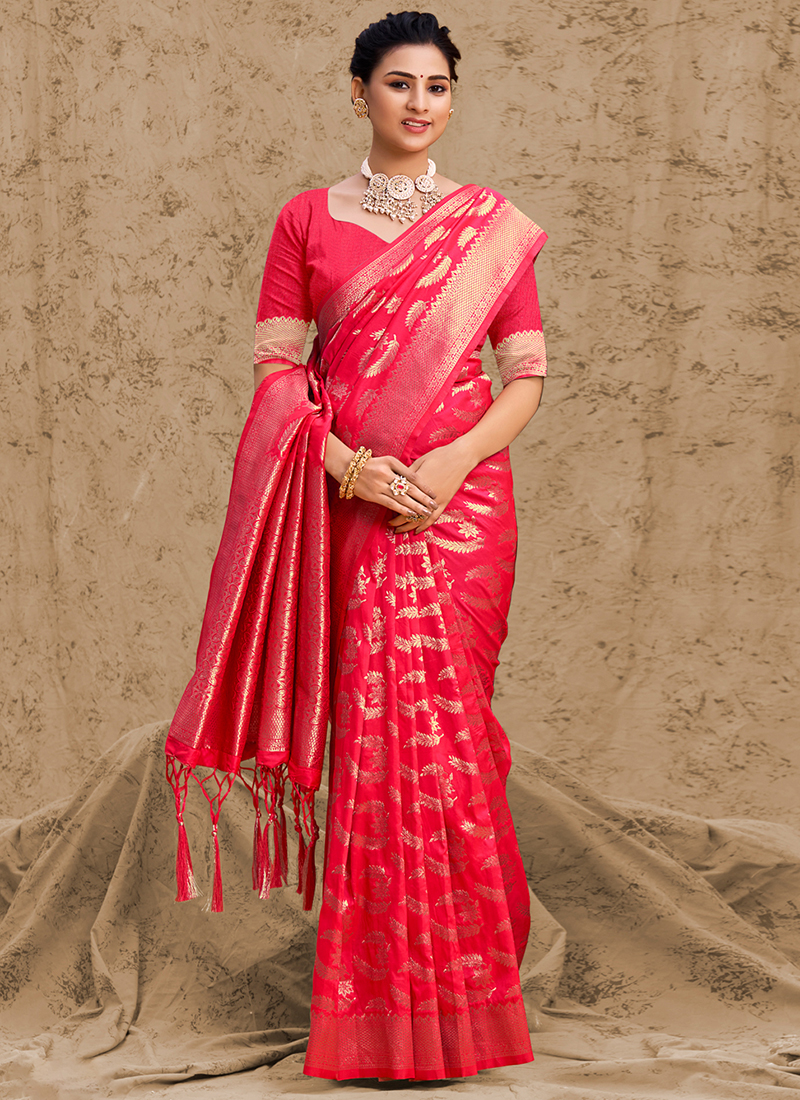 Deep Red Banarasi Zari Woven Katan Silk Saree -Albis Online