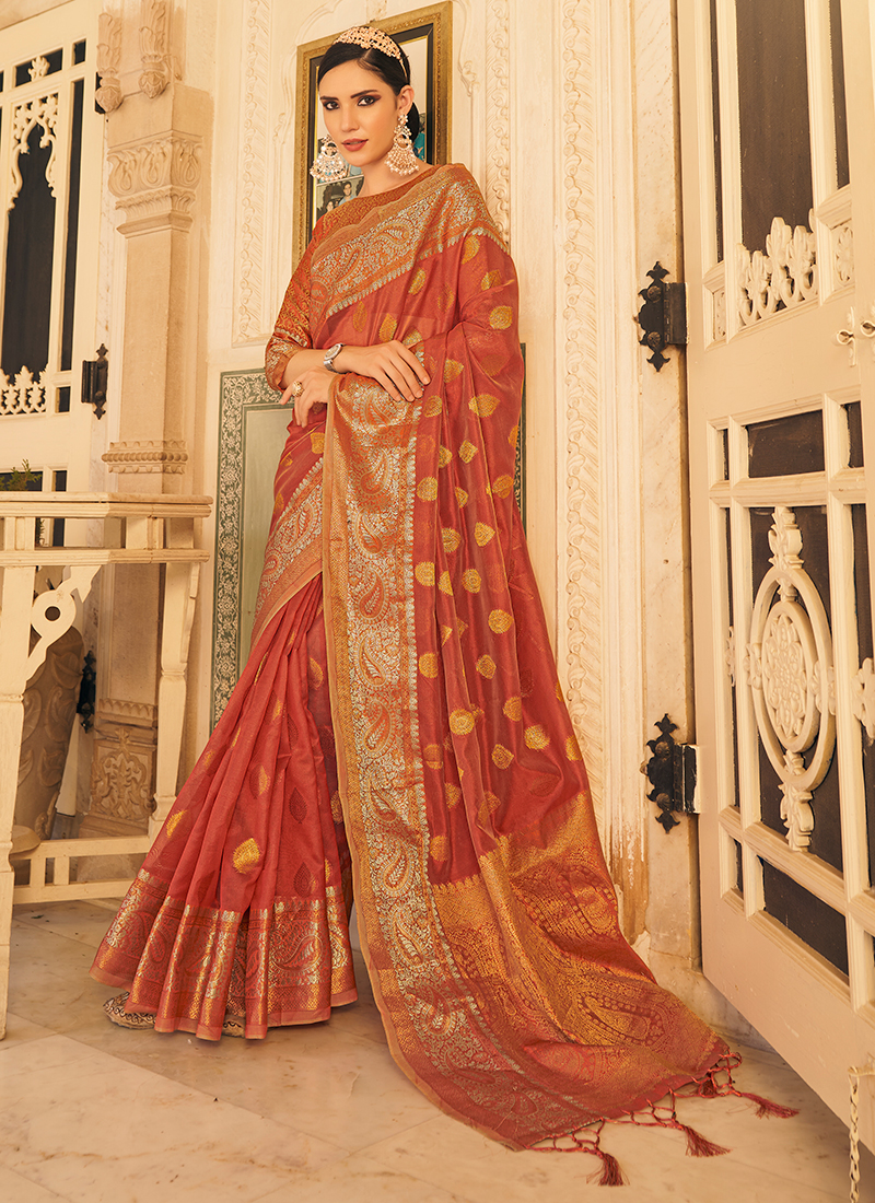 Wine Golden Zari Banarasi Organza Saree - House of Vardha