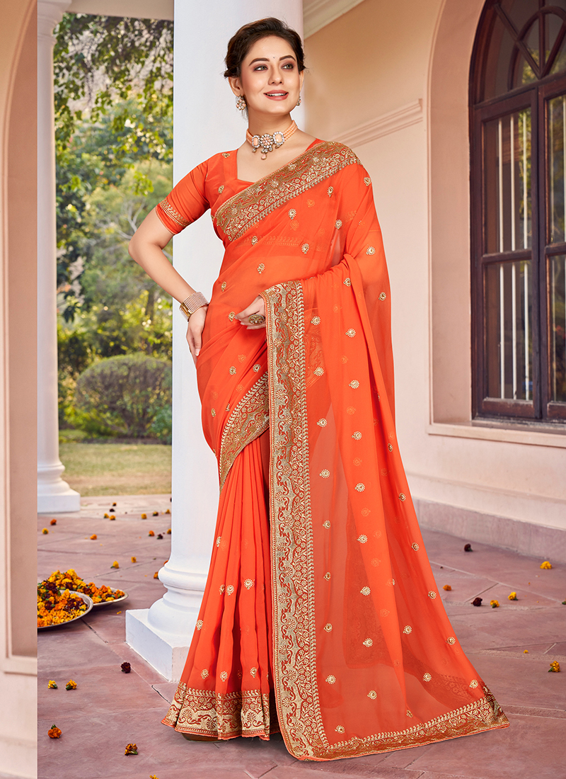 Dusty Peach Georgette Embroidered Reception Party Heavy Border Saree