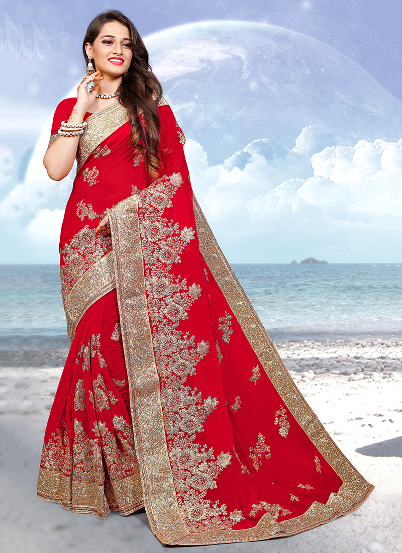 Online Shop Resham Work Embroidered Soft Silk Red Saree|SARV119489