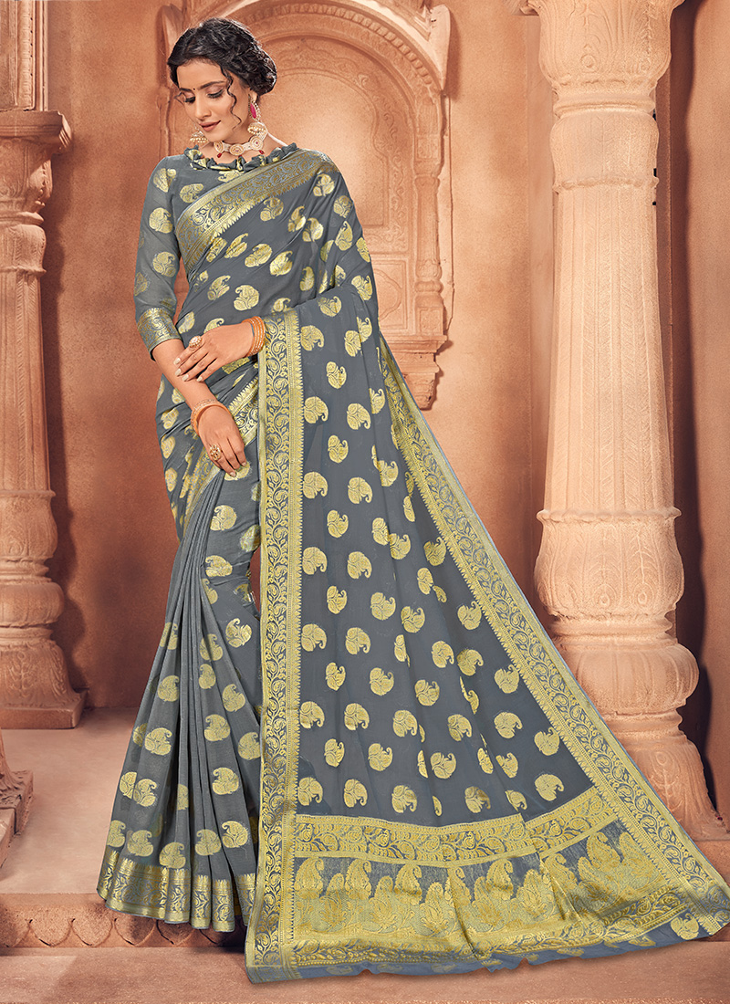 P*P MOSS CHIFFON PRINT WITH ZARI Saree