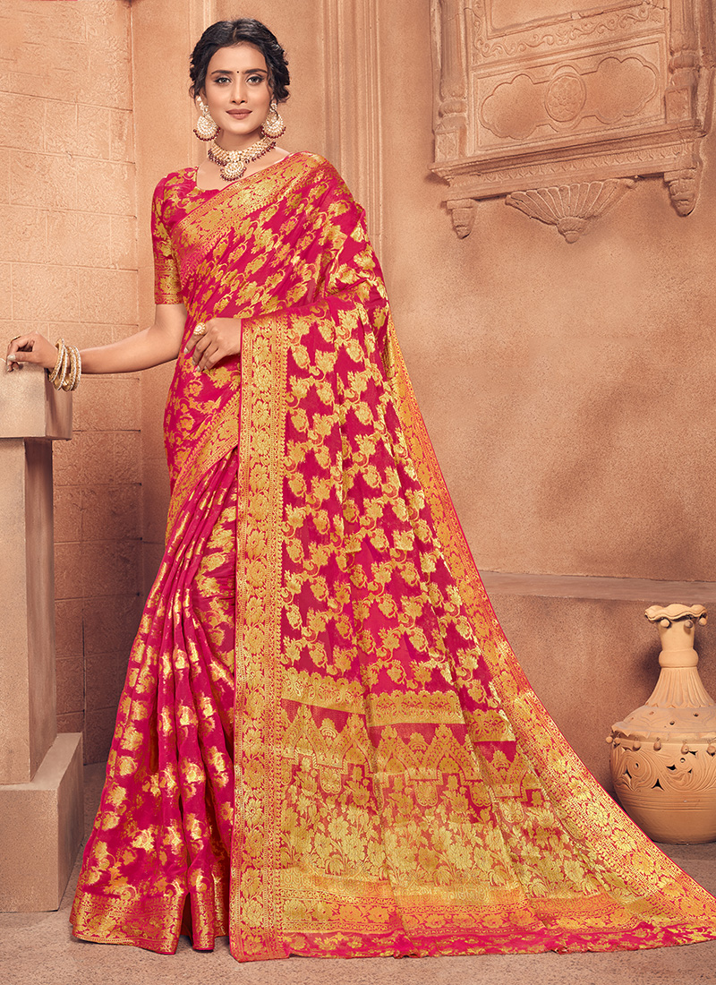 Yellow Laheriya Printed, Zari Work & Lace Boarder Chiffon Saree with  Unstitched Blouse - Absolutely Desi