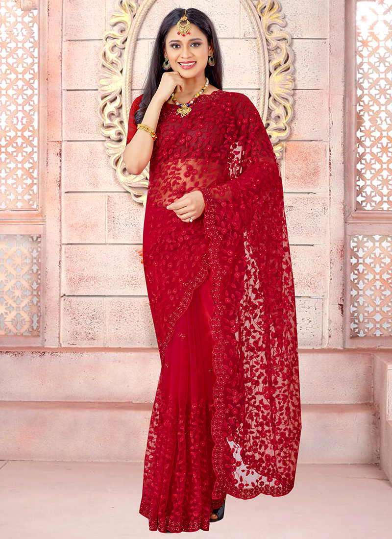 Shimmer Engagement Saree in Red and Maroon with Embroidered work | Engagement  saree, Saree, Maroon color