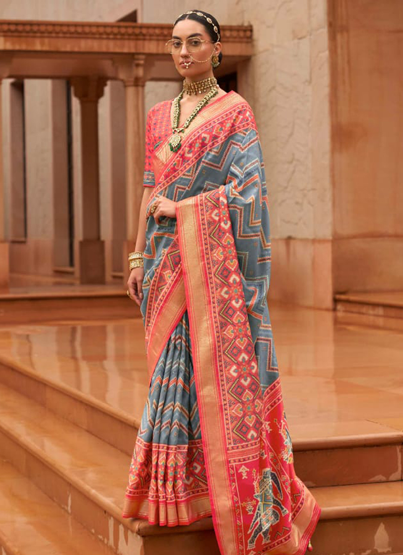 Silk Teal Blue Ikat Printed Patola Saree|SARV156513