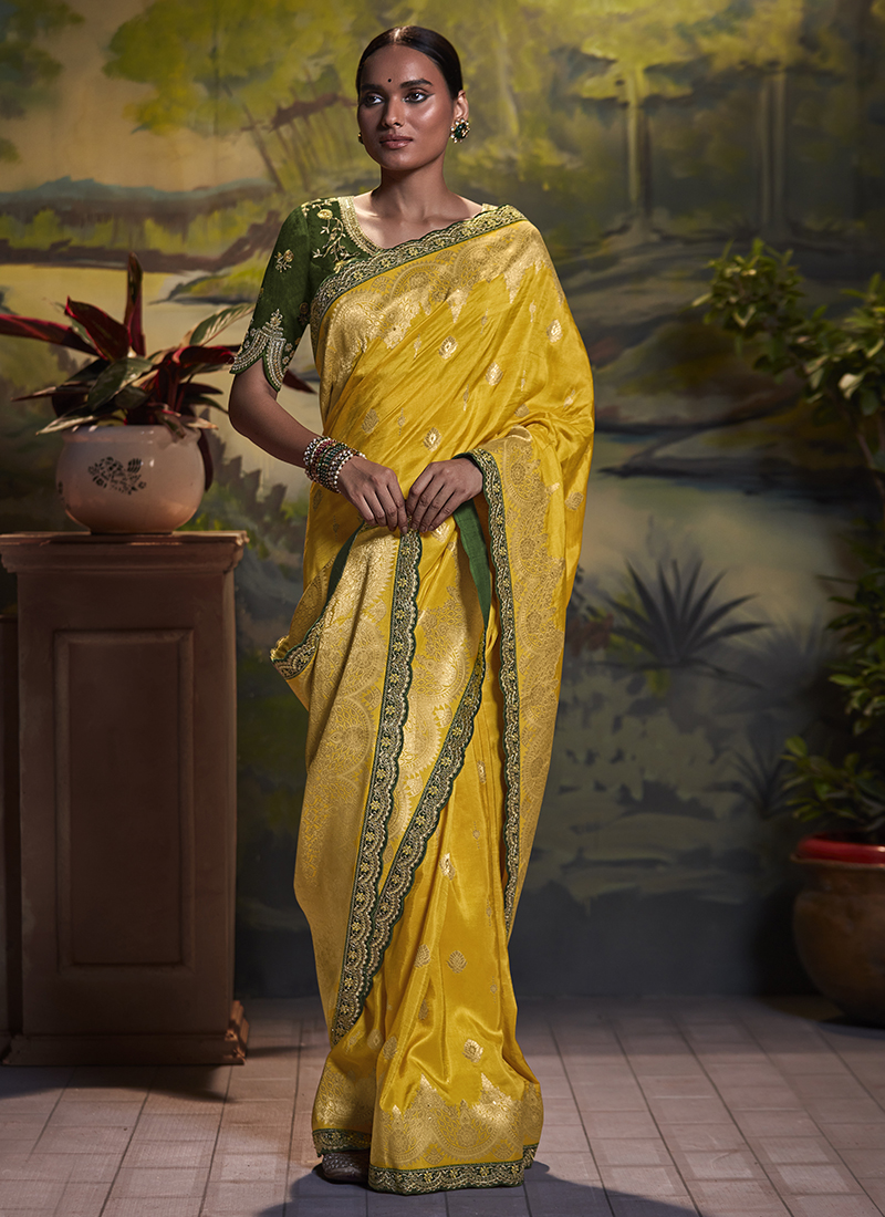 Buy Reception Wear Yellow Weaving Silk Saree Online From Surat Wholesale  Shop.