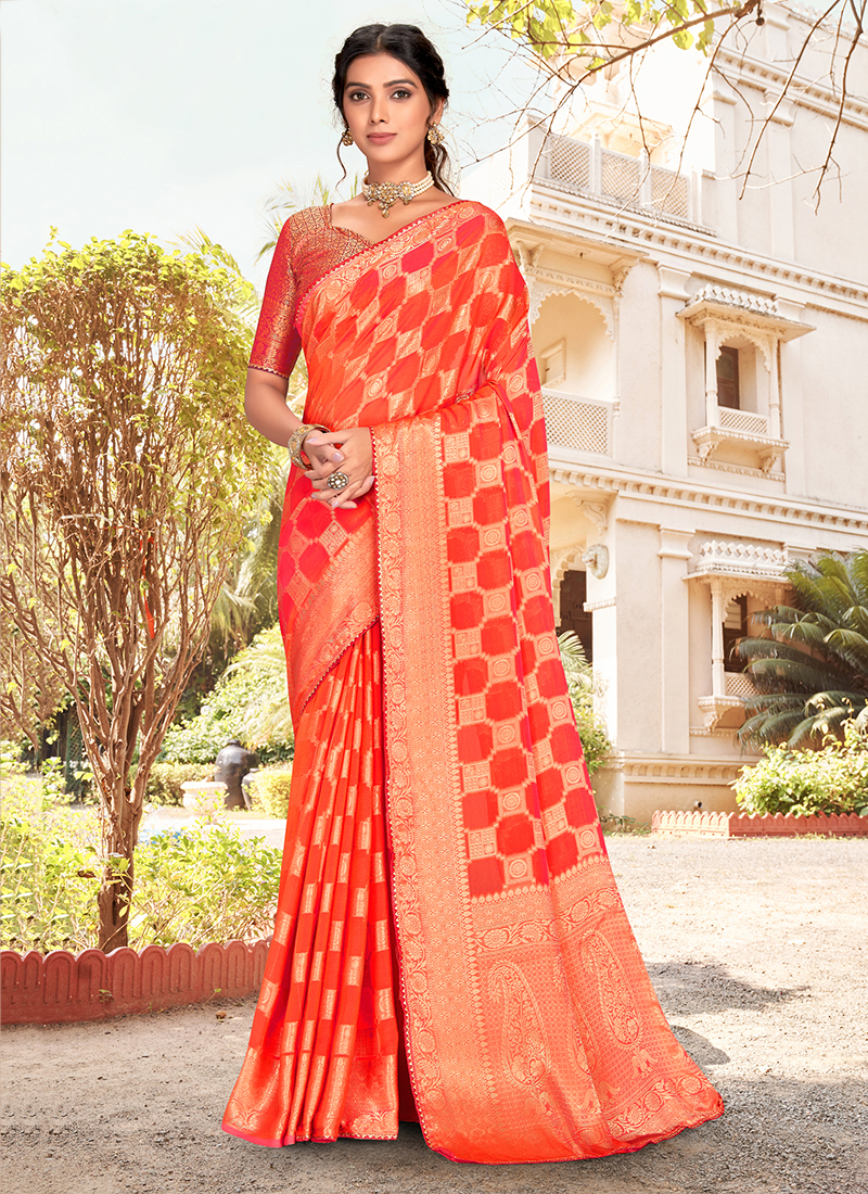 Fanta Orange Color Katan Silk Handwoven Banarasi Saree – Banarasi Shagun