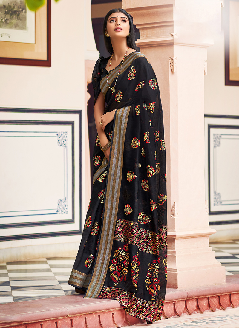 Indian Chanderi Silk Black Broad Border Saree|SARV113777