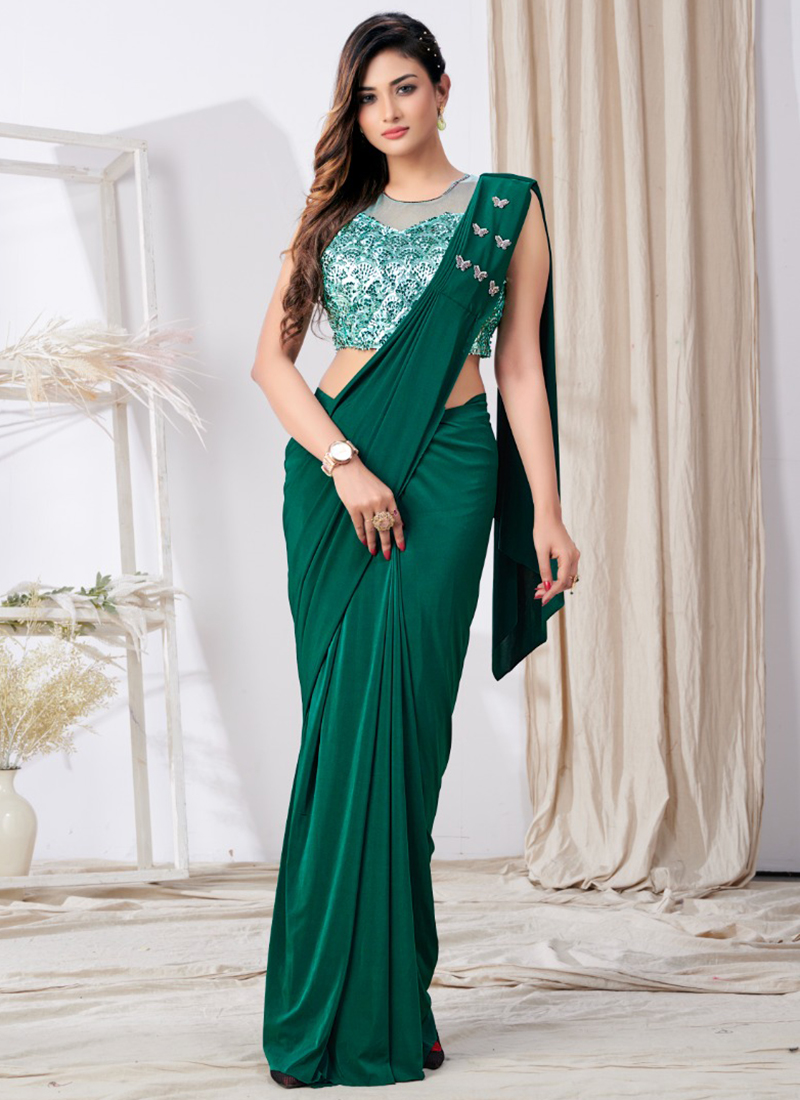 Buy Festival Wear Bottle green Lycra Sequins Work Readymade Saree (Blouse  Size 36 and 38) Online