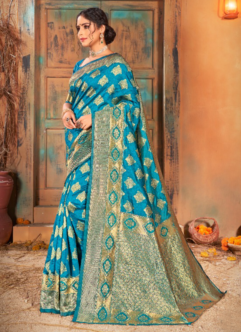 Firozi Banarasi Silk weaving Silver Zari saree sf000155 | Saree, Sarees for  girls, Silk sarees