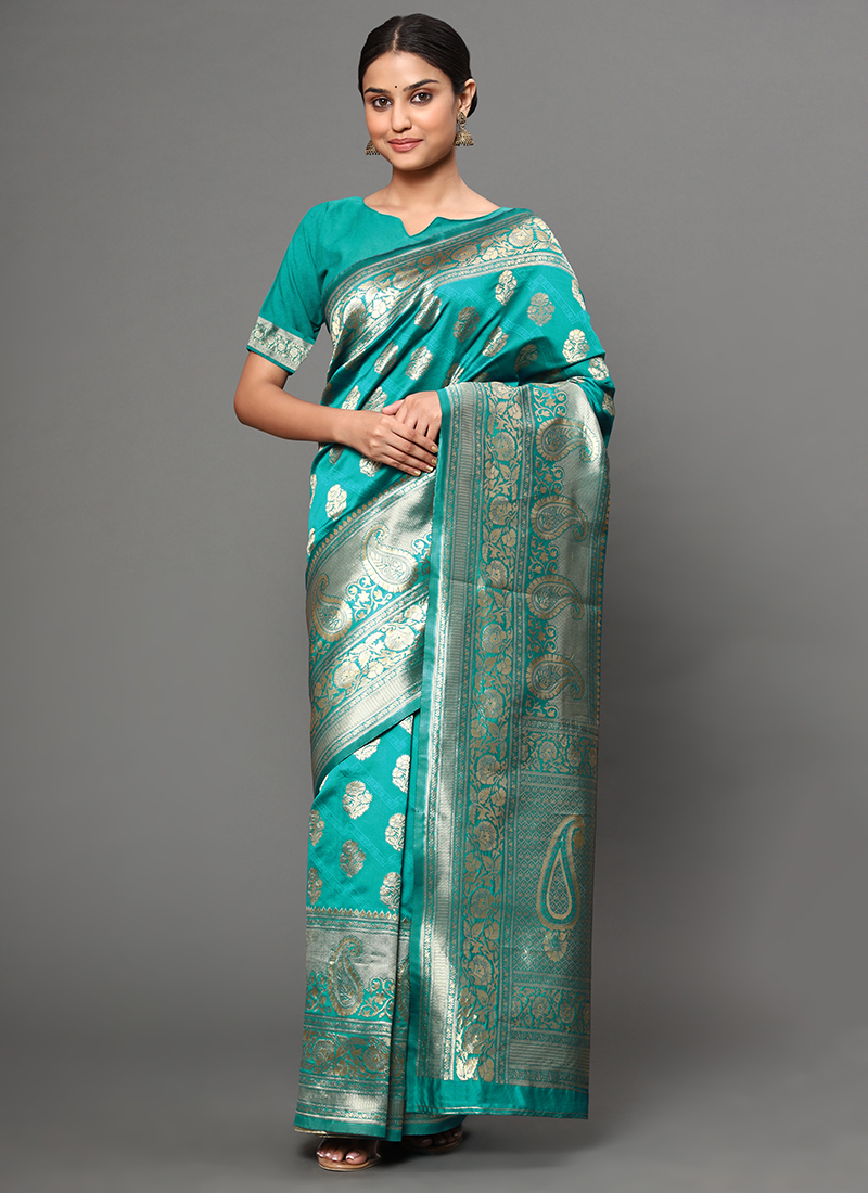 Gorgeous Banarasi Georgette Silk Saree in Firozi Blue – PattuChela