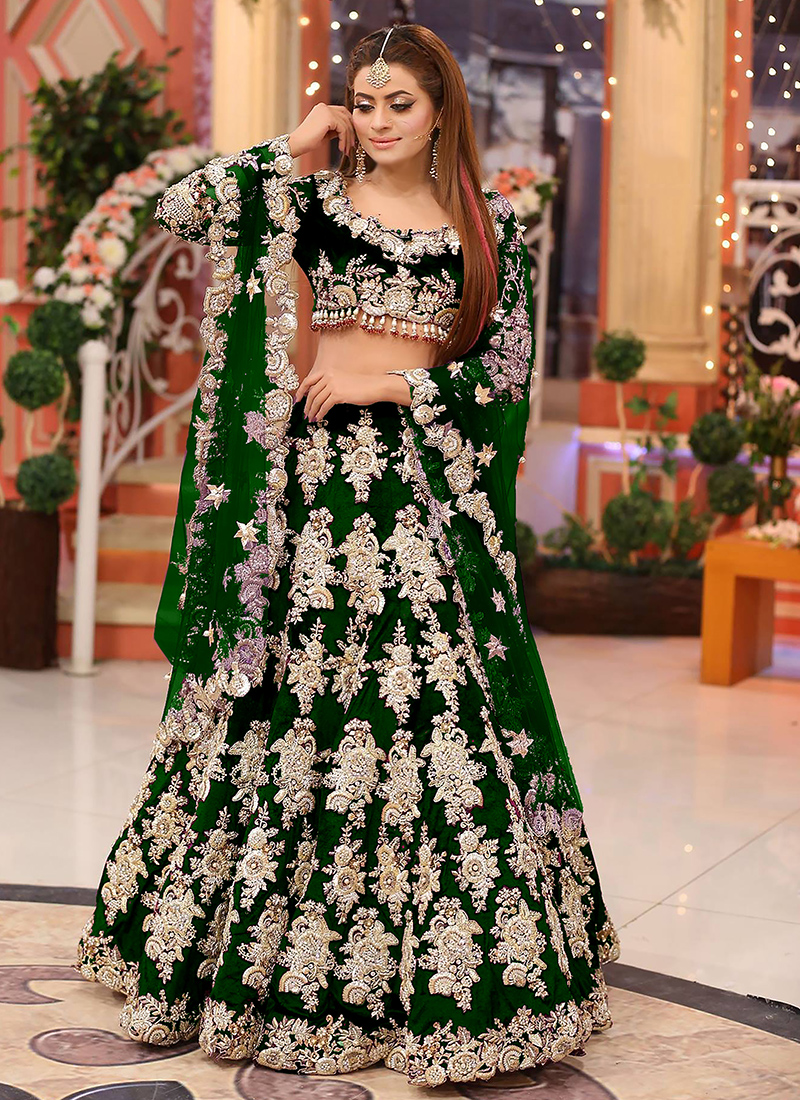 Buy Green Dori Embroidery Velvet Bridal Lehenga Choli at Ethnic Plus.