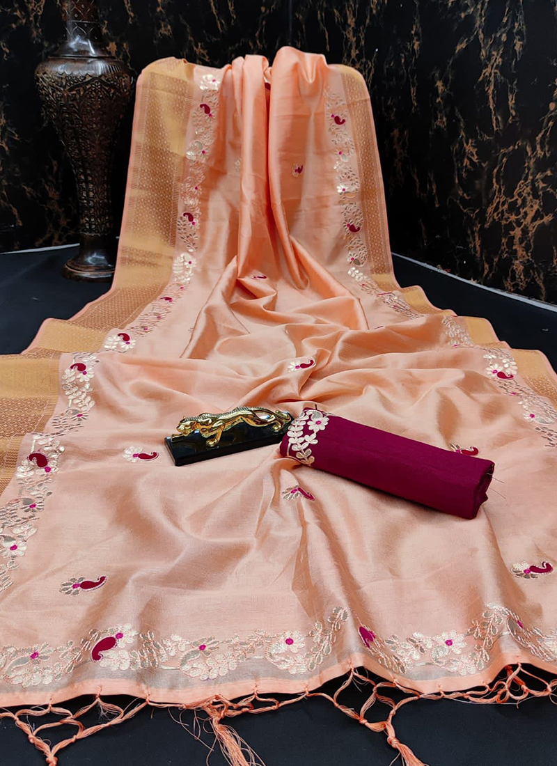 Gota Patti Crepe Saree in Peach : SJN7292