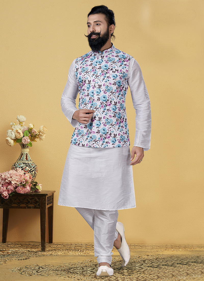 Traditional Floral Pattern Banarasi Brocade Nehru Jacket with Silk Kur –  Desioz