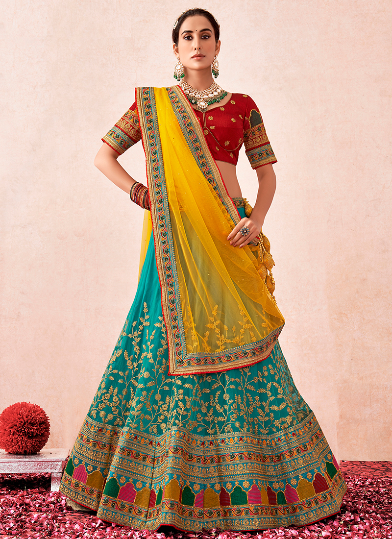 Buy Firozi Naylon Satin Heavy Embroidered Designer Wedding Lehenga Choli |  Wedding Lehenga Choli