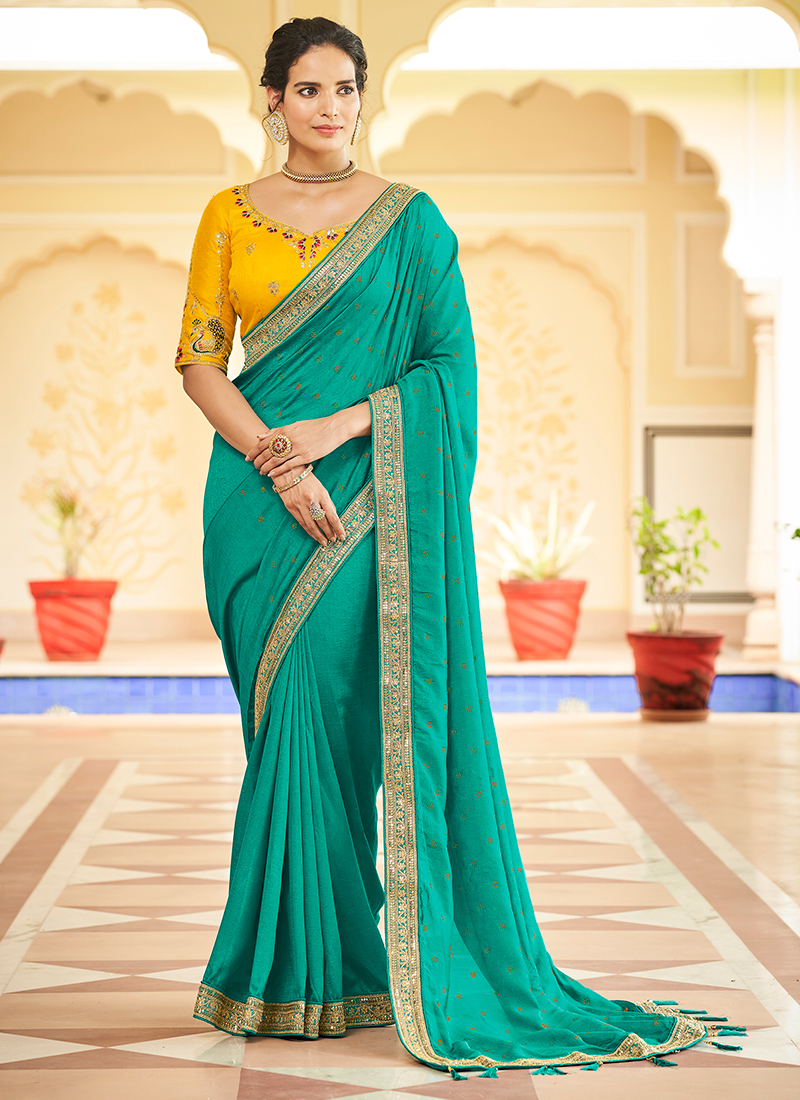 Designer Teal Blue Color Swarovski Sequence Work Silk Saree