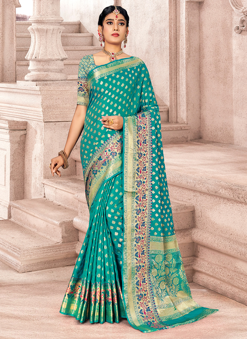 Buy Firozi Color 2D Effect Banarasi Silk Saree at Amazon.in