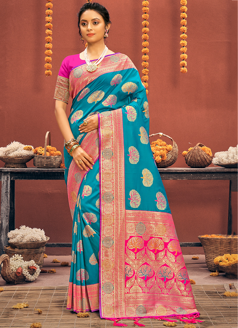 Peach With Firozi Banarasi Beautiful Zari Work In Form Of Traditional  Motifs Soft Silk Saree