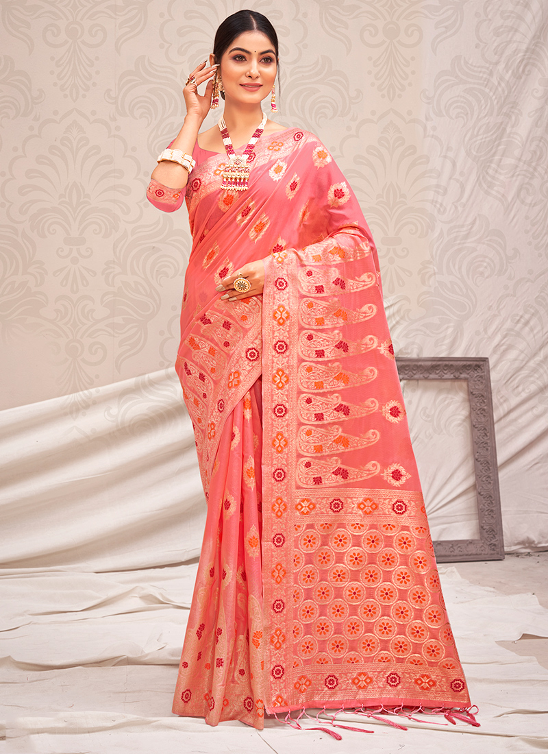 Net Embroidery Saree In Light Gajari Colour - SR4690439