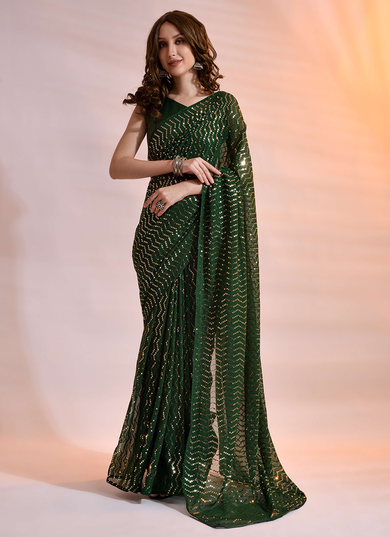 Dark Green Designer Saree In Georgette With Sequins Embroidered Work,  सिक्विन्स वर्क साड़ी - Shivam E-Commerce, Surat | ID: 2850573113873