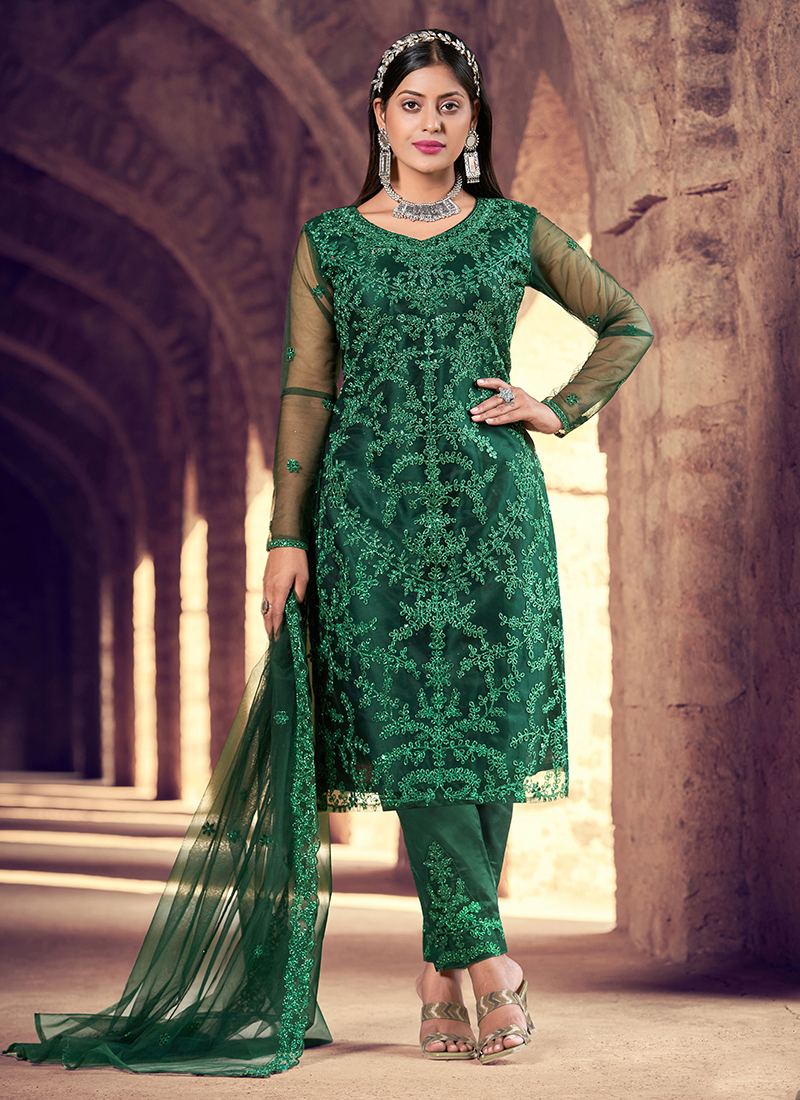 Embroidered Party Trendy Green Salwar Suit - Dial N Fashion