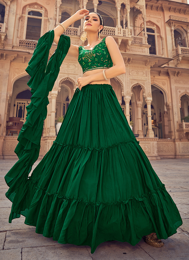 Beautiful Emerald Green Color Heavy Taffeta Silk Mirror Work Lehenga