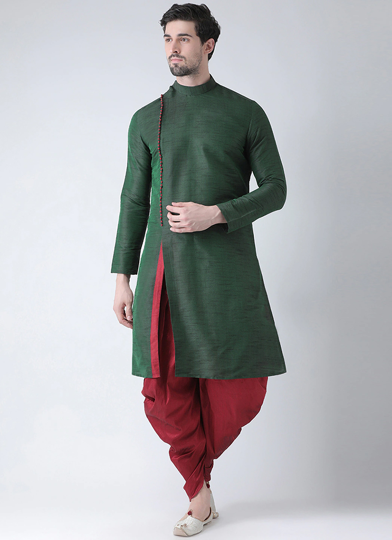 green plain dhupion silk dhoti kurta pajama for wedding 171125