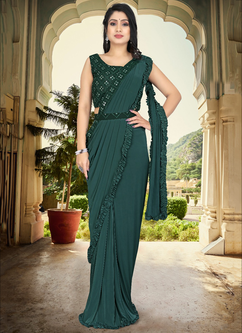 Buy Green Sequins Work Lycra Ready To Wear Saree (Blouse Size 36