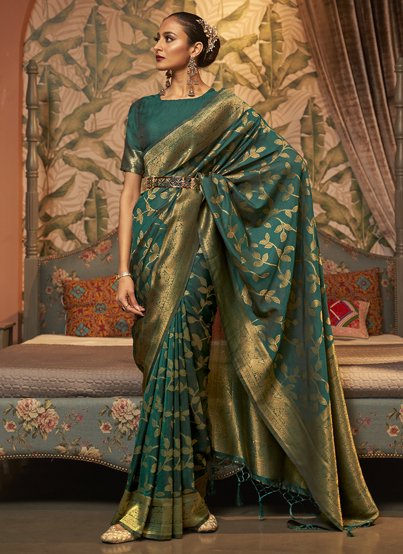 Green hand woven nylon saree with blouse