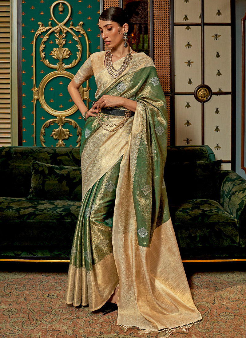 Alfa Store. vihan@ handloom jamdani thread nd zari work parrot green sari