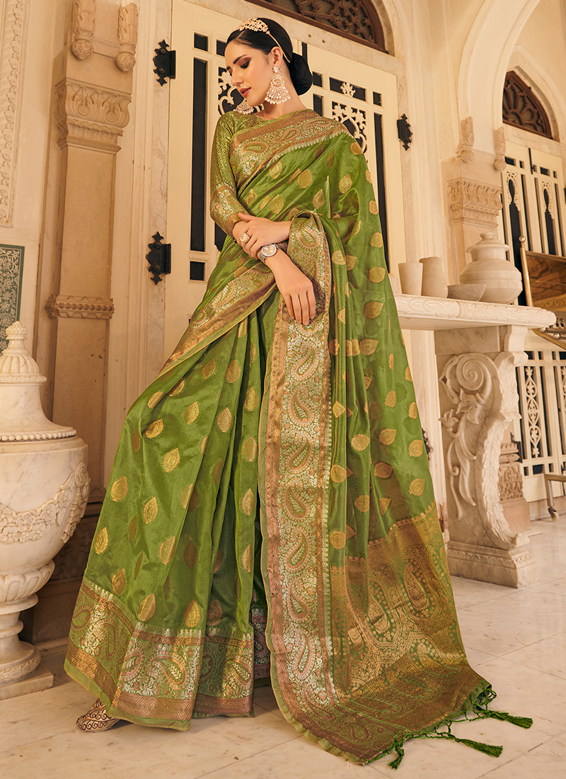 Buy HOUSE OF BEGUM Bottle Green Women's Bottle Green Zari Buti Organza Silk  Saree with Blouse Piece | Shoppers Stop