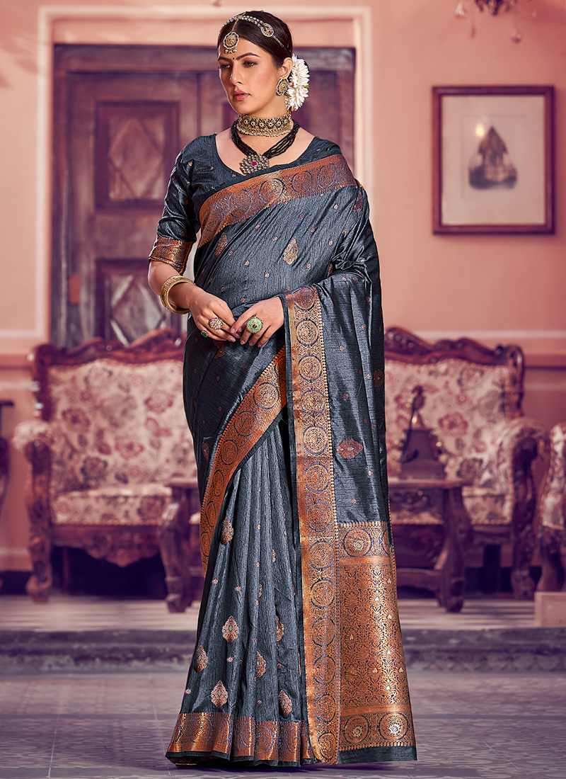 Grey Maheshwari Silk Zari Woven Saree with Blouse (ALKA)