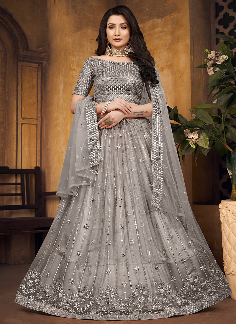 Grey net sequins work lehenga choli 1040