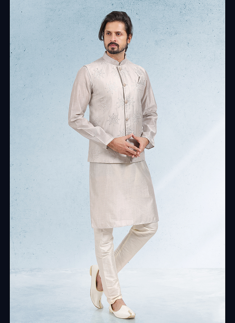 Grey Kurta Pajama With Nehru Jacket In Linen 966MW11