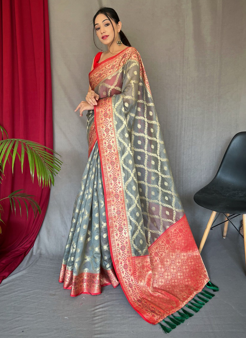 Pre-stitched Dupion Silk Saree in Coral Red and Dark Grey : SUF9914