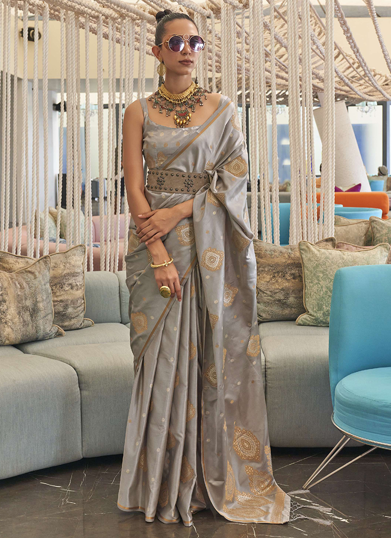 Grey Satin Crepe Saree| Shop Satin Saree Online