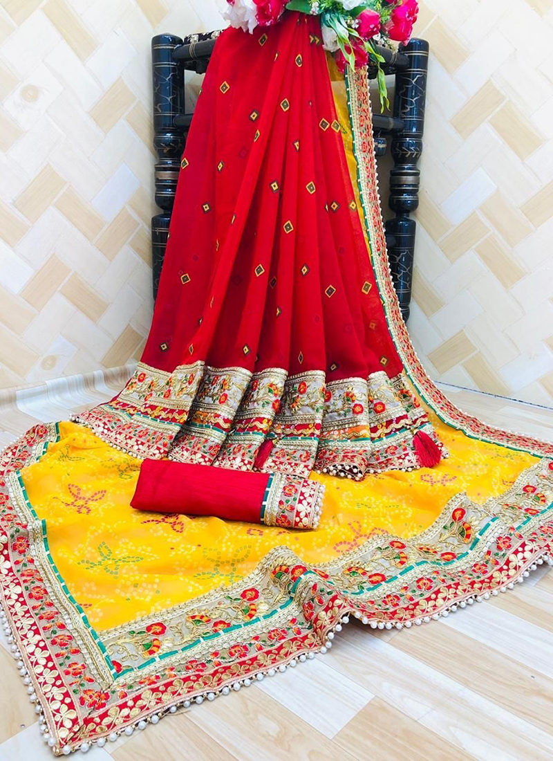 hot red bandhani pure georgette saree 186489