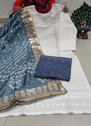 Grey Lucknowi Work Cotton Readymade Salwar Suit