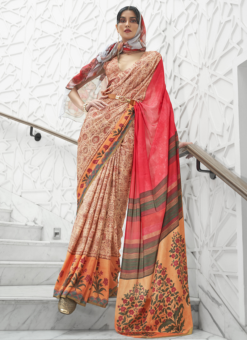 Beige Digital Print Organza Party Wear Printed Saree Be the first to review  this product in Lucknow at best price by Kreeva Com - Justdial