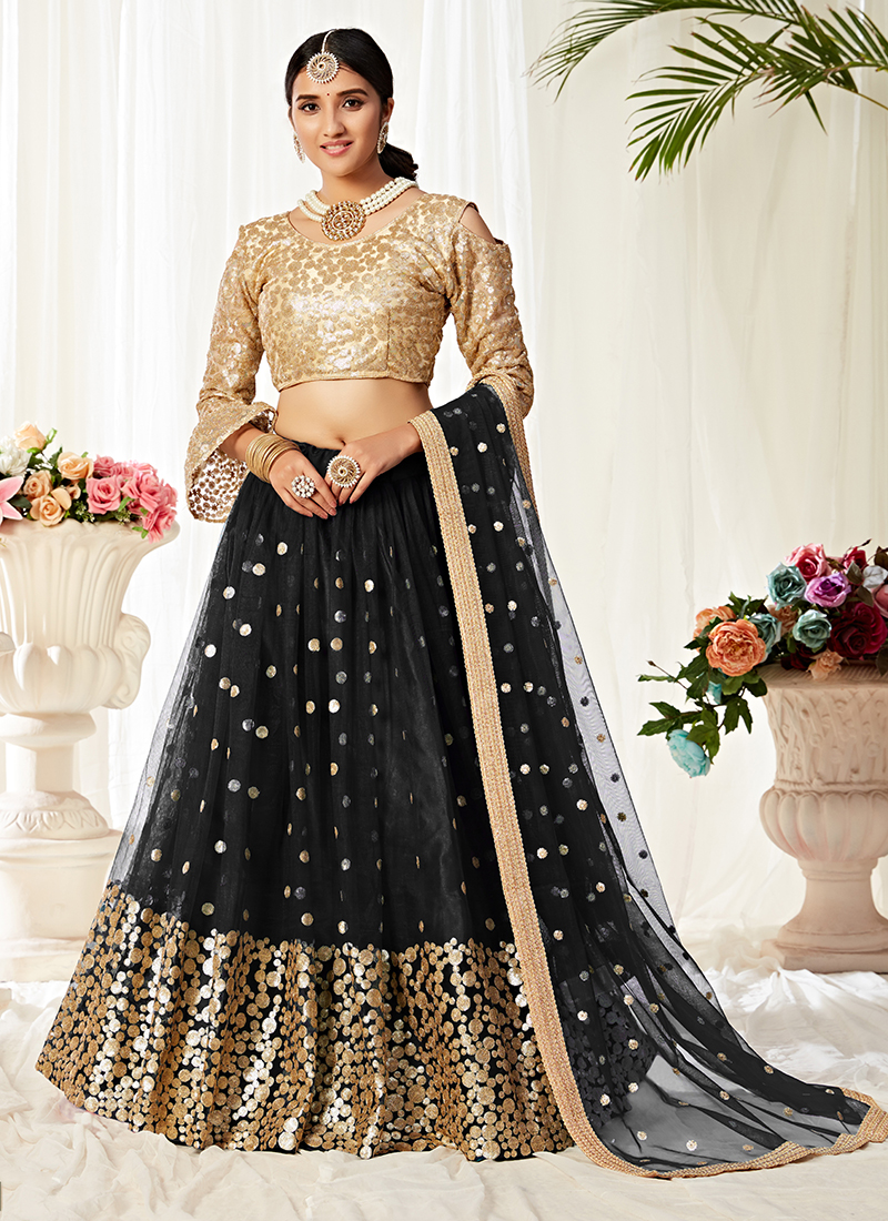 Black Embroidered Net Lehenga Choli | Designer lehenga choli, New lehenga  choli, Party wear lehenga