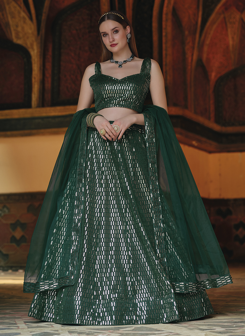 Green Georgette Thread Embroidery With Sequins Work Lehenga Choli »  BRITHIKA Luxury Fashion