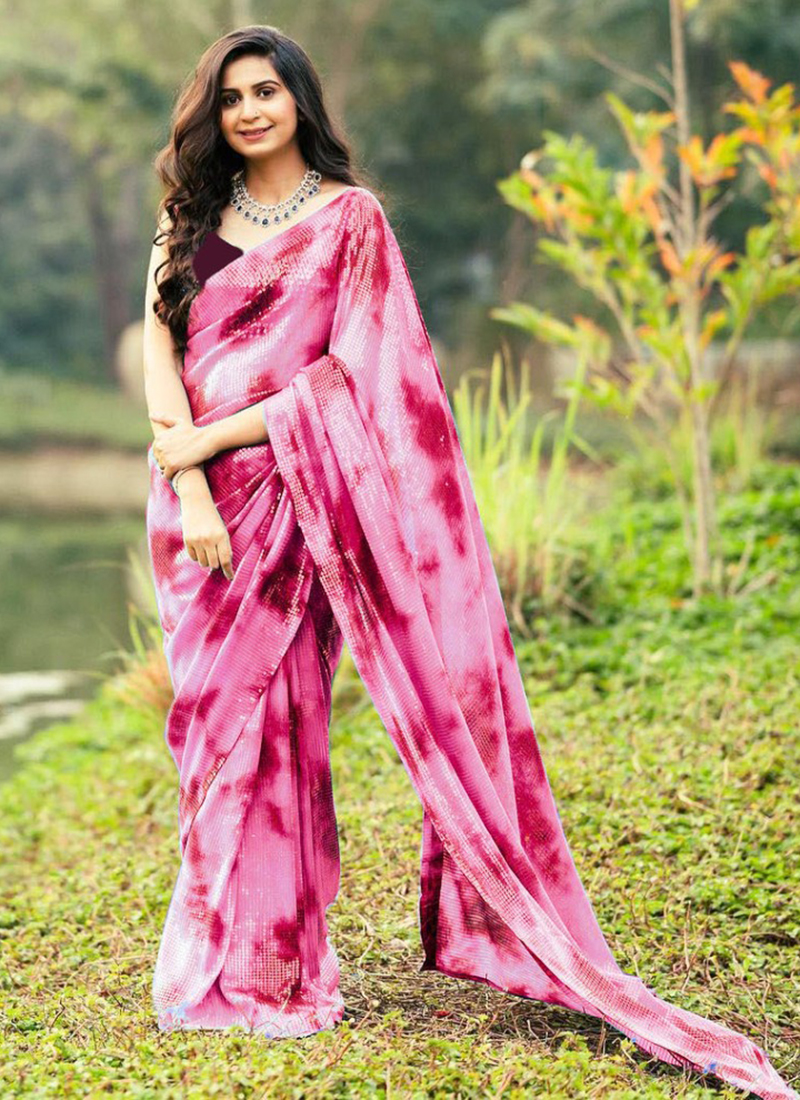 Pink Net Party Wear Saree 219606