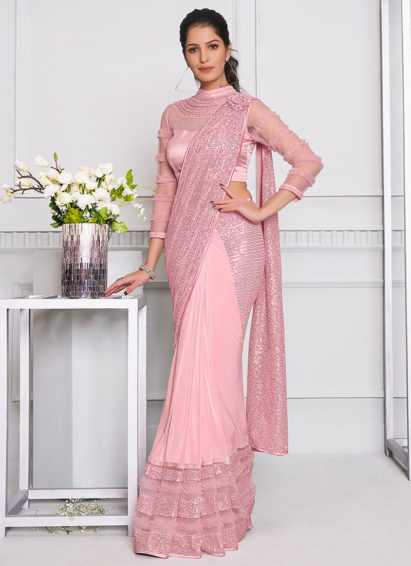Buy Party Wear Light Pink Lycra Sequins Work Readymade Saree