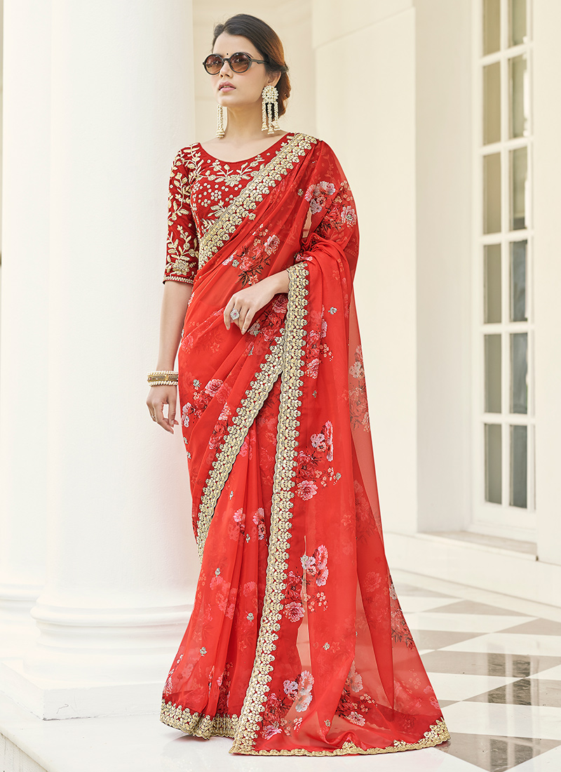 Red Georgette Designer Saree Party wear Traditional Latest Fancy Wedding,  With Blouse Piece at Rs 1100 in Ghaziabad