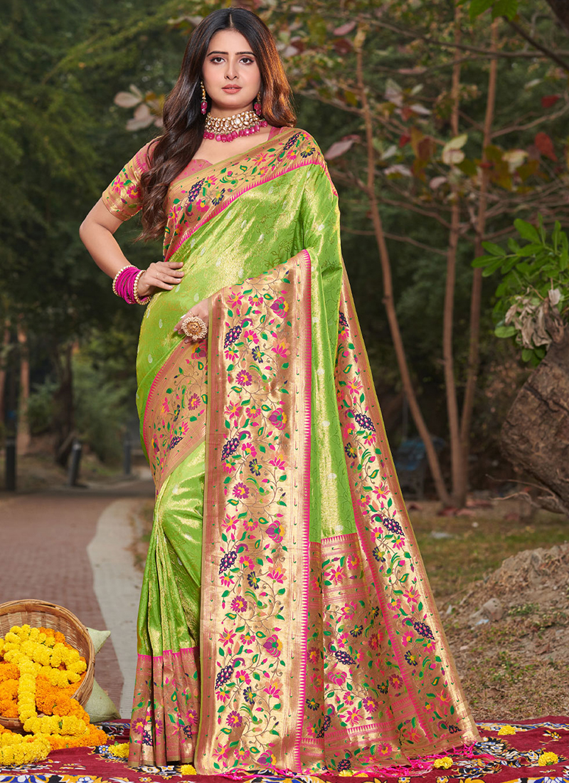 LIGHT GREEN SAREE & BLOUSE WITH GOLDEN ZARI WEAVING *