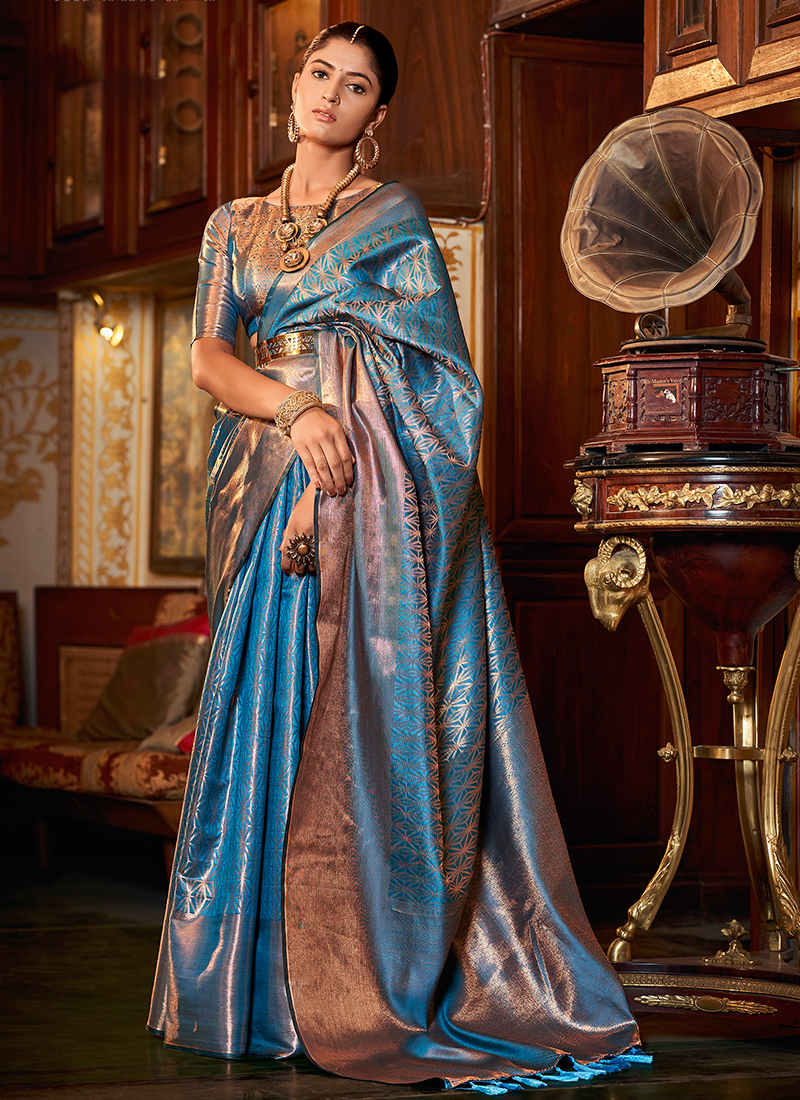 Silk Sarees : Sky blue soft lichi silk jacquard weaving work ...