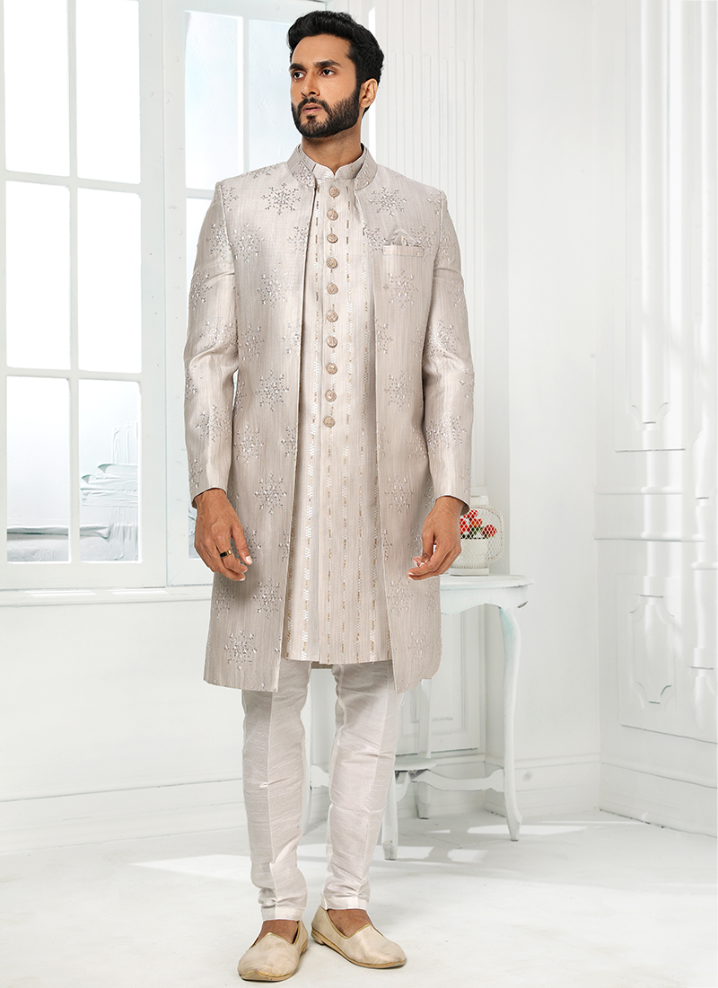 Buy Light Gray Thread Work Art Silk Sherwani Online