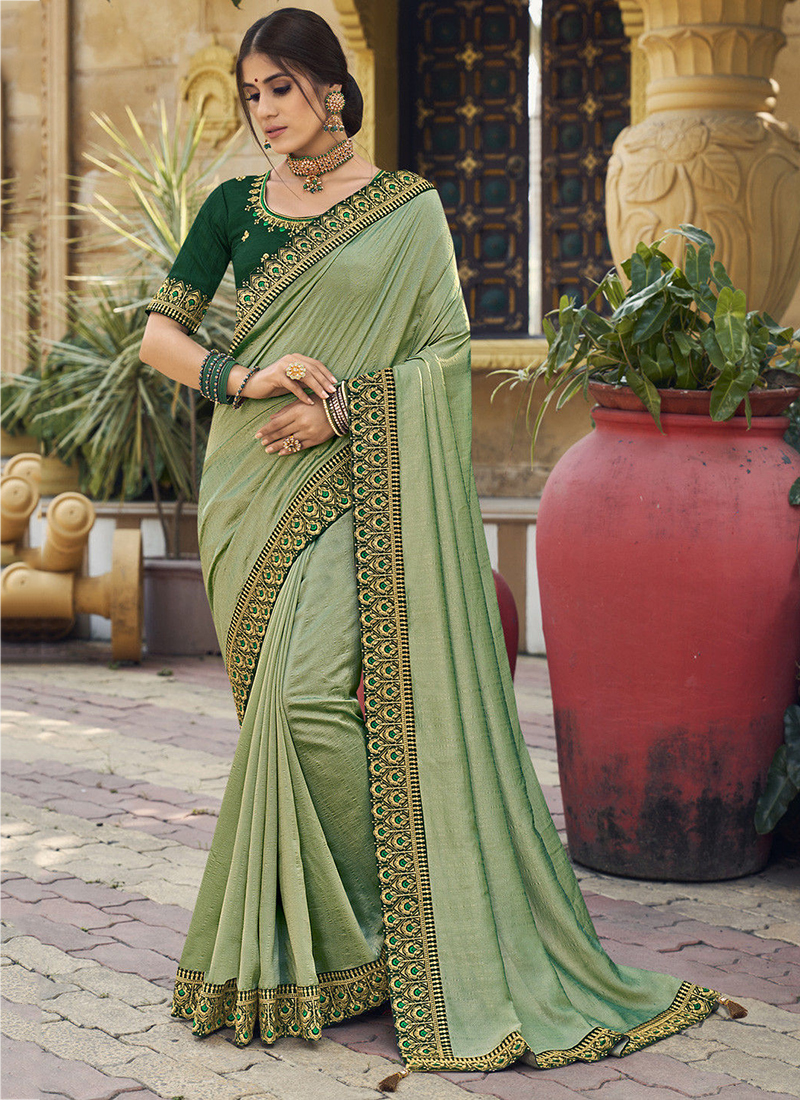 Georgette Lines Light Mehandhi Green Saree